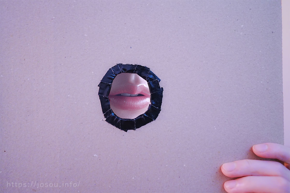 穴開き段ボール越しにフェラチオする